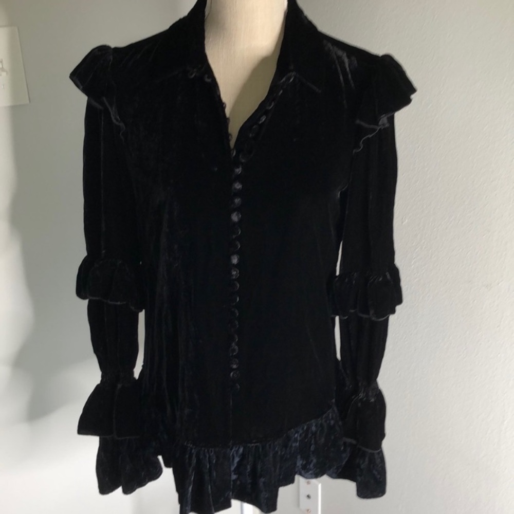 Frame Black Crushed Velvet Long Sleeve Blouse Button Up
